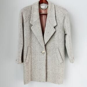 Vintage 80s 100% Wool Coat Herringbone Tailored Boxy Made in USA Petite M MINT